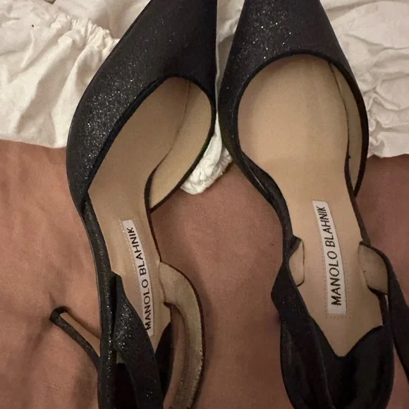 Manolo Blahnik Carolyne Low Heel Women's Slingback Pumps Black Glitter EU 35.5 - Picture 4 of 6